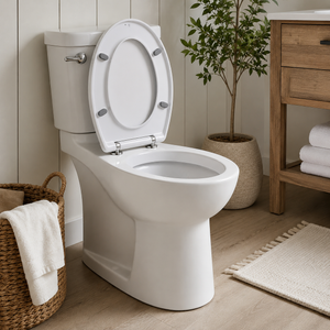 White toilet in a bathroom with wooden vanity and plant