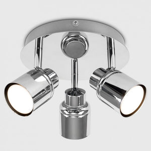 Chrome ceiling light fixture with three cylindrical lights on a white background