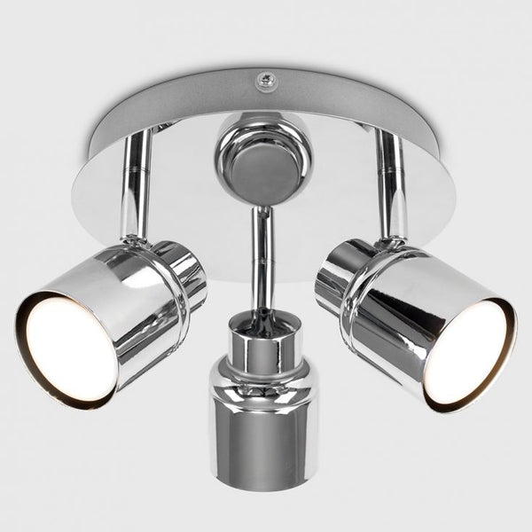 Chrome ceiling light fixture with three cylindrical lights on a white background