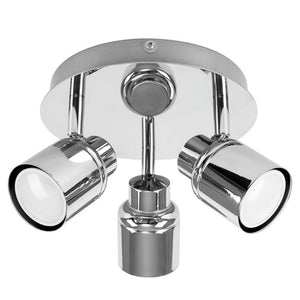 Chrome ceiling light fixture with three cylindrical lights on a white background