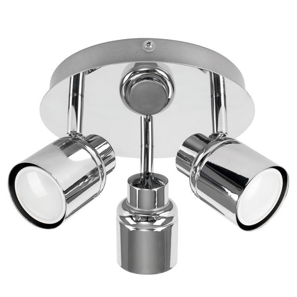 Chrome ceiling light fixture with three cylindrical lights on a white background