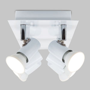 Two white ceiling lights with chrome fixtures on a gray background