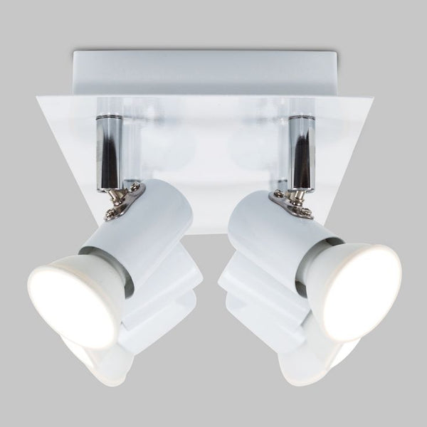 Two white ceiling lights with chrome fixtures on a gray background