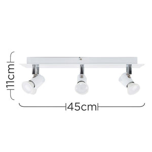Ceiling light fixture with three white lights on a white background