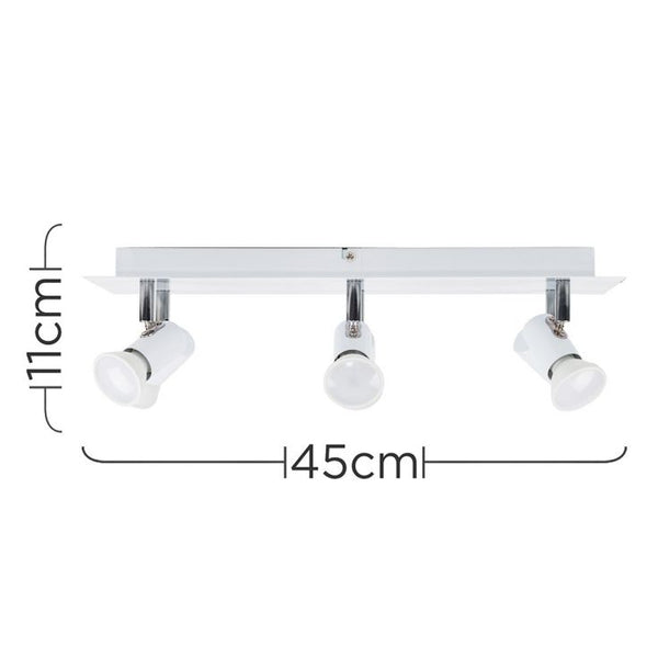 Ceiling light fixture with three white lights on a white background