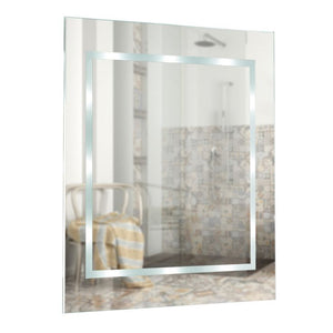 Bathroom mirror with a decorative frame in a tiled bathroom setting