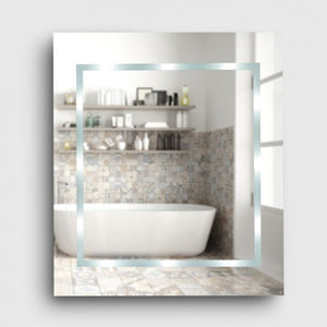 Bathroom mirror reflecting a bathtub and tiled wall.