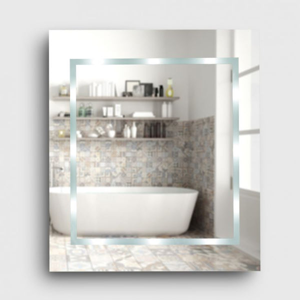 Bathroom mirror reflecting a bathtub and tiled wall.