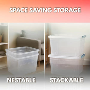 Two storage bins labeled 'Nestable' and 'Stackable' with a gradient background.