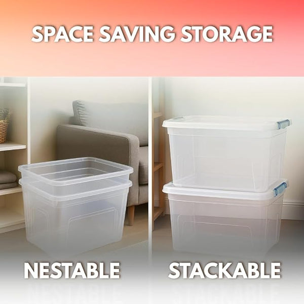 Two storage bins labeled 'Nestable' and 'Stackable' with a gradient background.