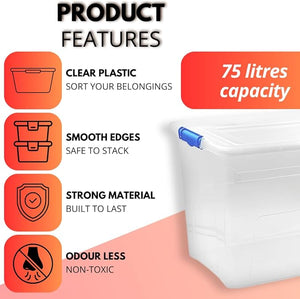 Product features of clear plastic containers with text on a white background