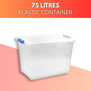 75 litres plastic container with blue valve on a pink and white background