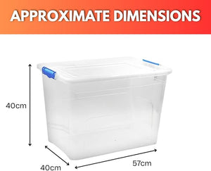 White storage bin with blue handles and dimensions labeled on a white background