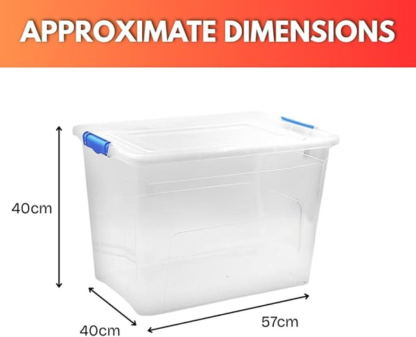 White storage bin with blue handles and dimensions labeled on a white background