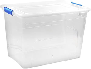 White storage bin with blue latch on a white background