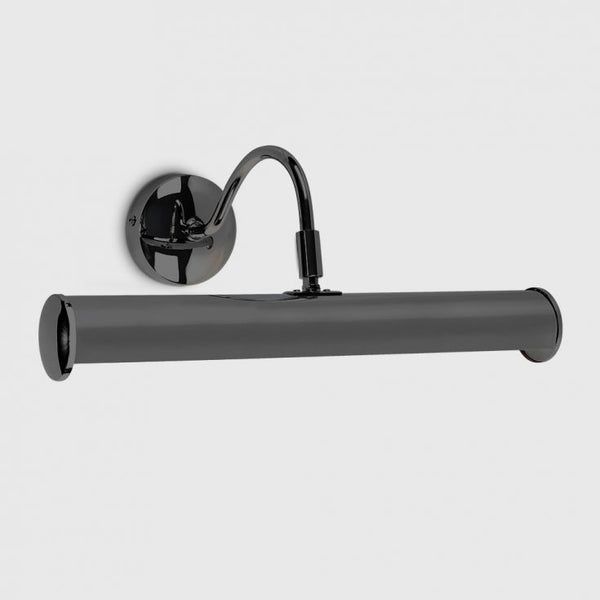 Black wall-mounted lamp with cylindrical shade on a light gray background