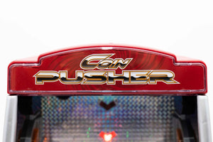 Red arcade machine with 'Coin Pusher' logo on a white background