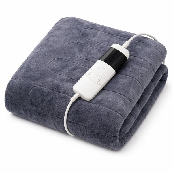 A folded electric heating pad blanket in a dark slate gray color, featuring a white and black wired controller on a clean white background.