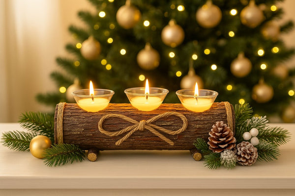 Rustic Log Tea-Light Candle Holder