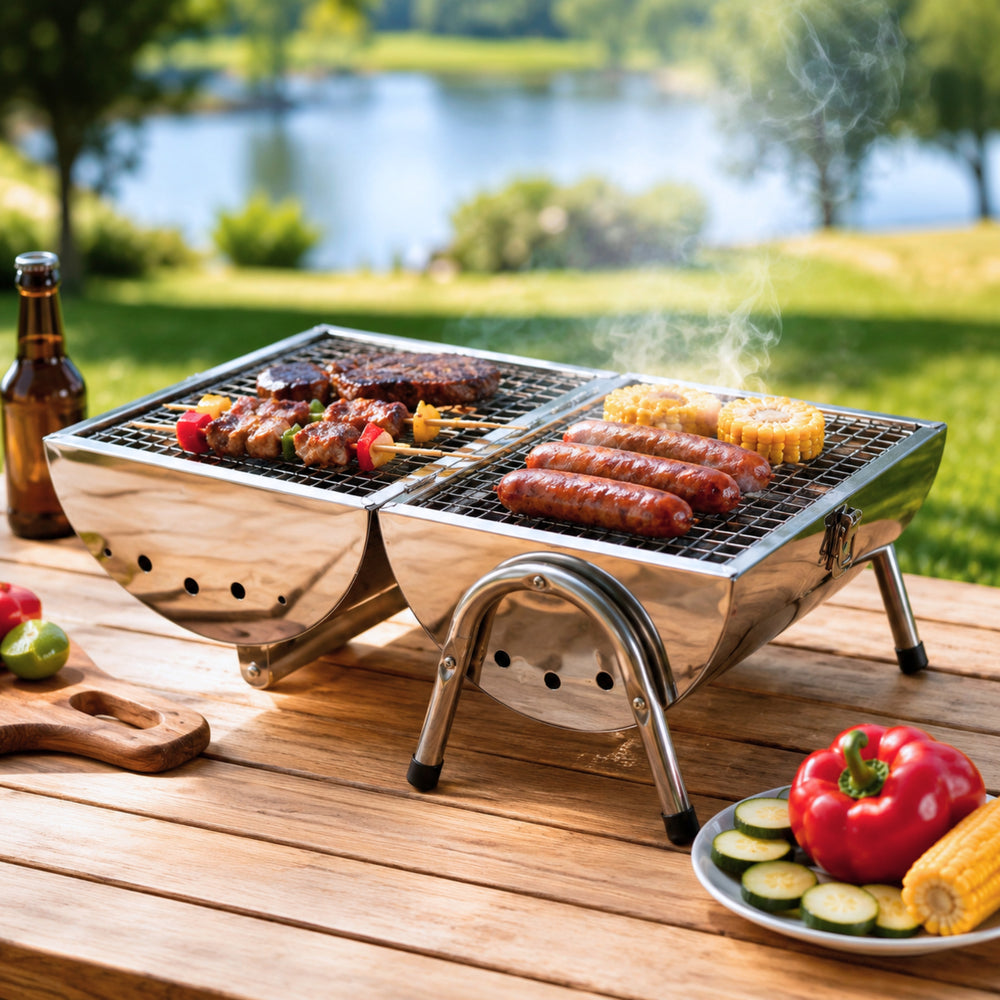Portable Barrel Stainless Steel BBQ Garden Camping Picnic Charcoal Grill Table