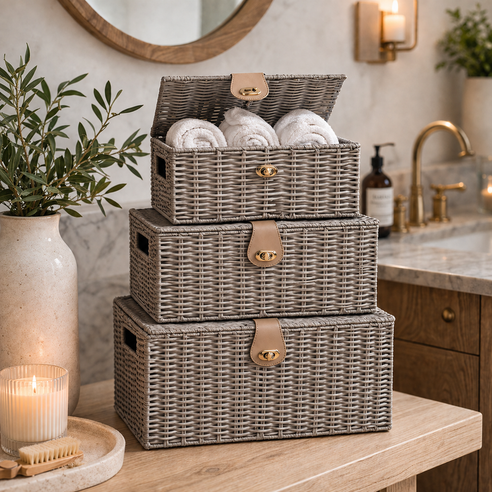 3 Grey Wicker Storage Baskets – Resin Woven Hamper Storage Boxes
