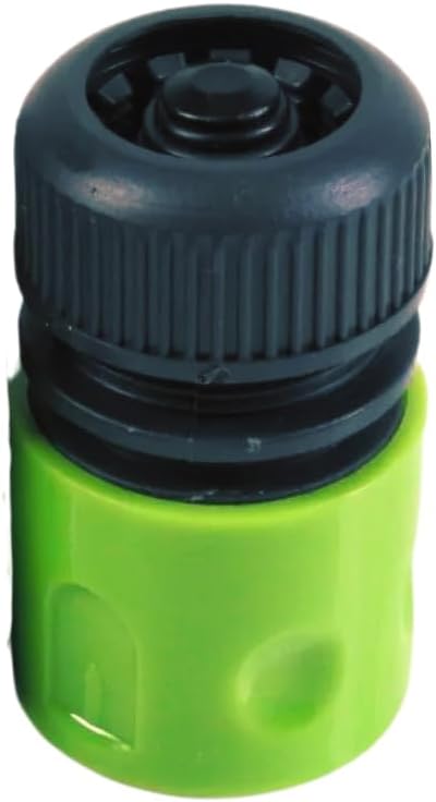 Black and green female hose connector with water stop.