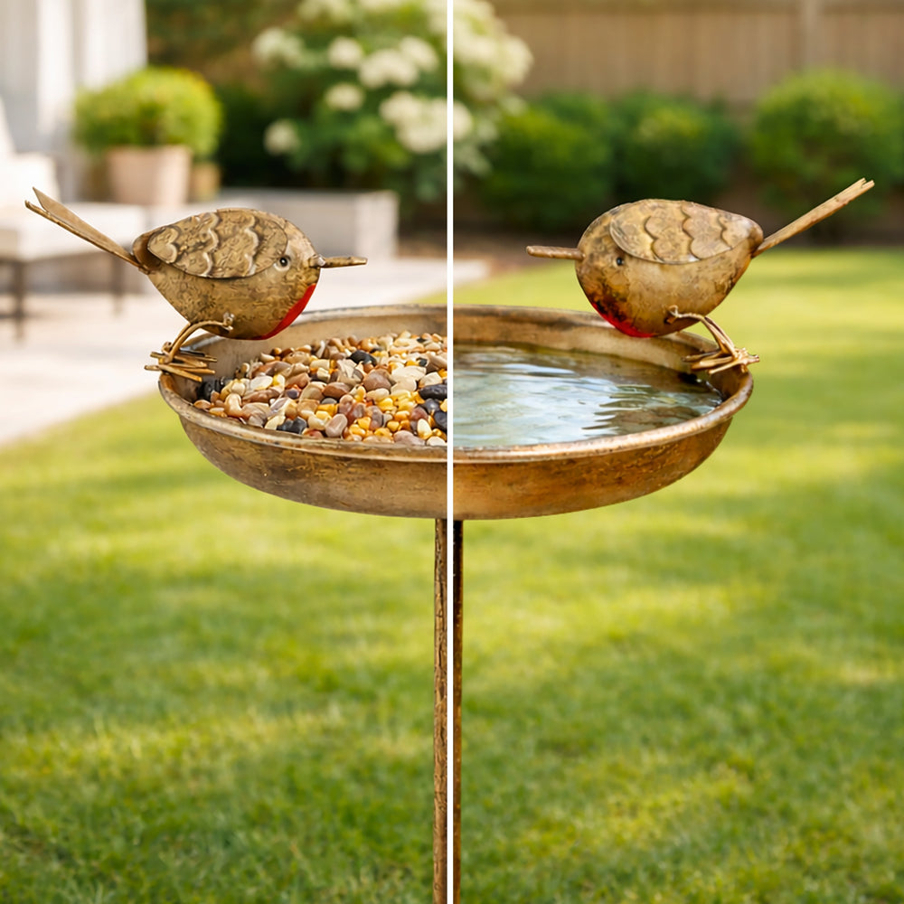 Robin Bird Bath & Feeder Stake for Garden Birds, Outdoor Wildlife & Patio Decor