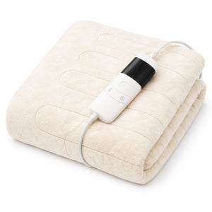 A folded beige heated blanket with a white and black wired controller, shown on a clean white background.