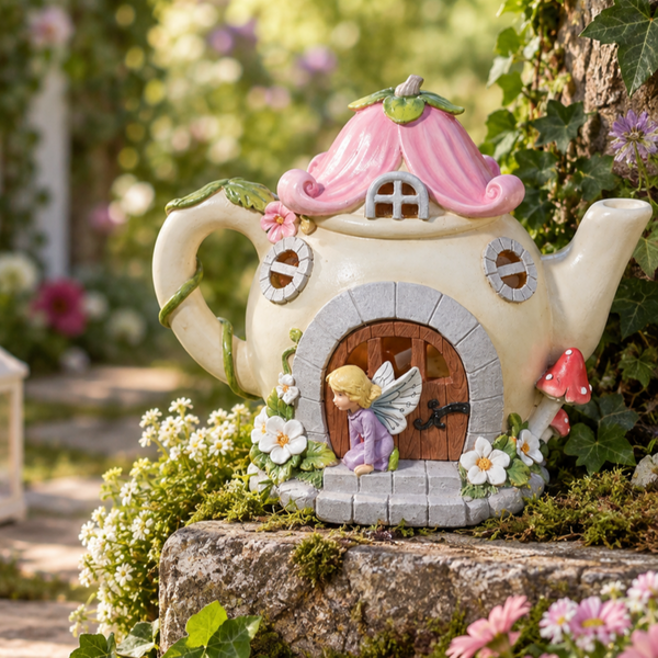 A whimsical garden teapot fairy house ornament with a pink roof, gray stone base, small fairy figurine, and mushroom accents, displayed outdoors on a stone surface in a garden setting.