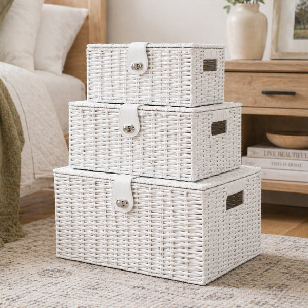 3 White Wicker Storage Baskets Woven Hamper Storage Boxes