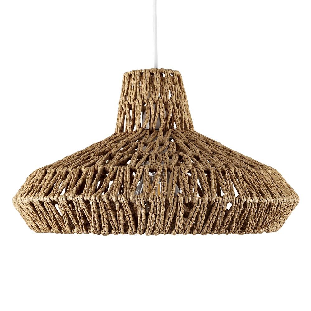 Dining room with wooden table, chairs, and a wicker pendant light.