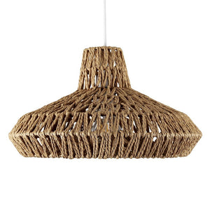 Woven brown pendant light on a white background