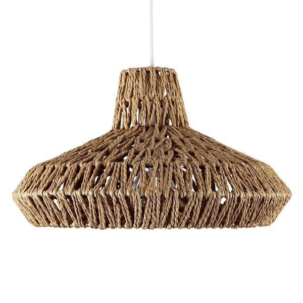 Woven brown pendant light on a white background