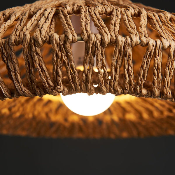 Close-up of a woven lampshade with a blurred background