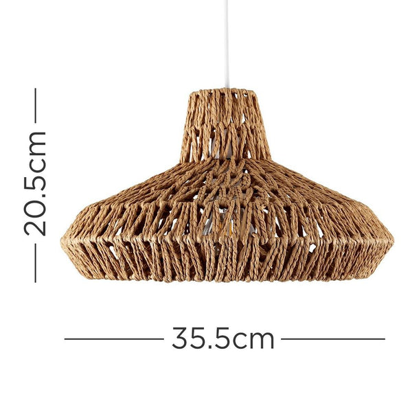 Woven pendant light with dimensions on a white background