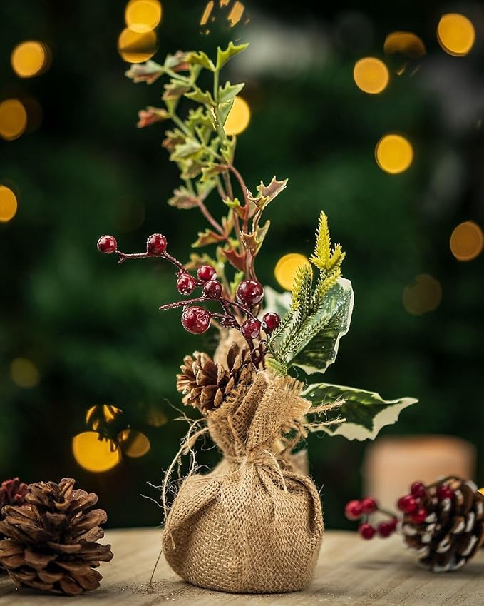 20cm artificial Christmas tree table decoration in hessian bag