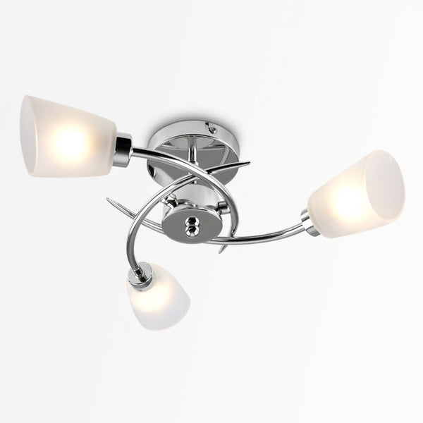Modern ceiling light fixture with three white lampshades on a white background