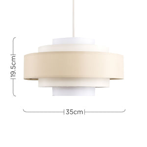 Beige pendant light with dimensions on a white background