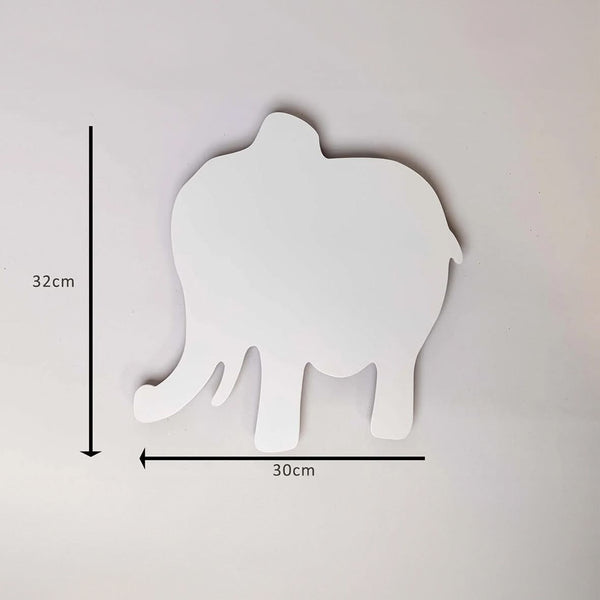 White elephant-shaped object with measurements on a light gray background