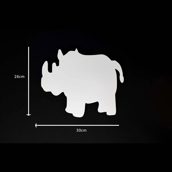 White rhinoceros silhouette with measurements on a black background