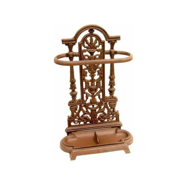Antique style brown ornate vintage umbrella stick stand made of cast iron.