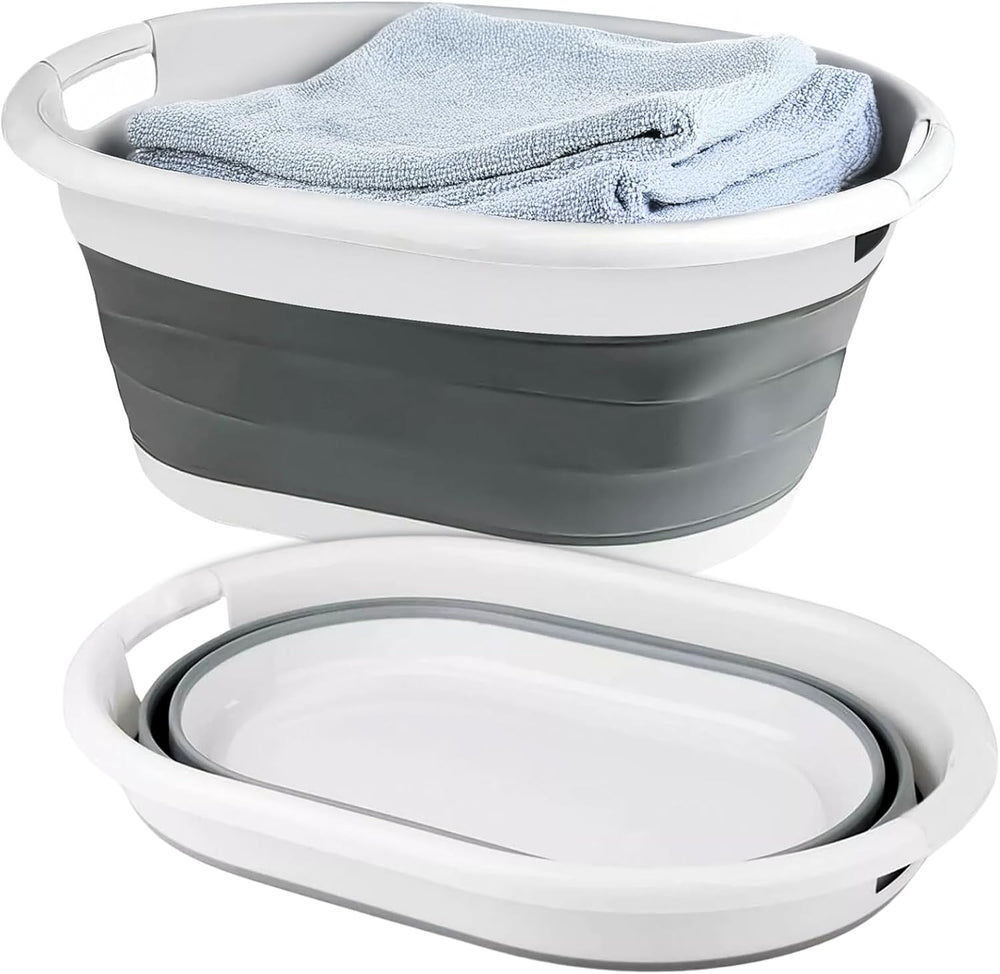 Grey collapsible laundry basket with handles.