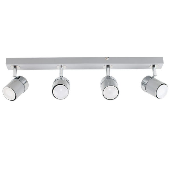 Four-light ceiling fixture with chrome finish on a white background