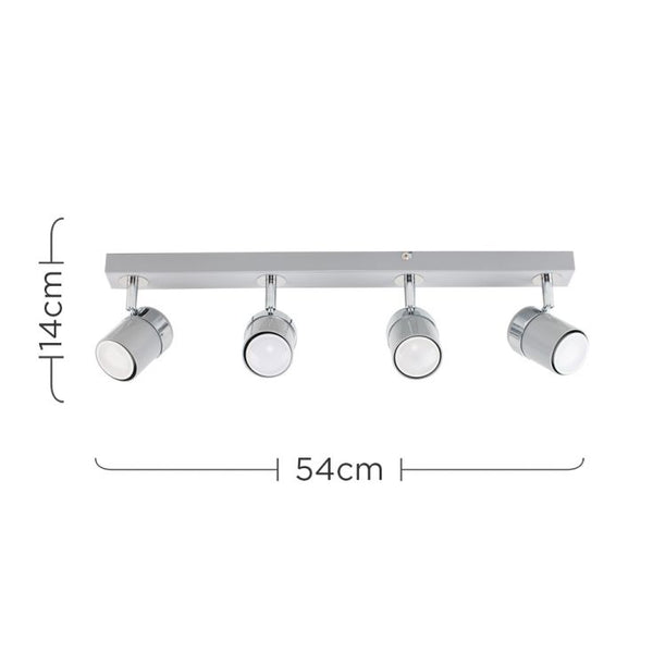 Ceiling light fixture with four spotlights and measurements on a white background