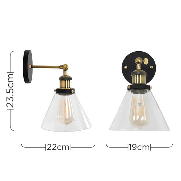 Two wall lights with clear glass shades and black and gold fixtures, shown with measurements on a white background.