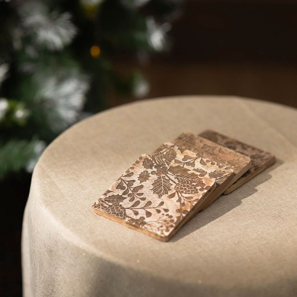 Set of 4 Wooden Berry Etched Coasters