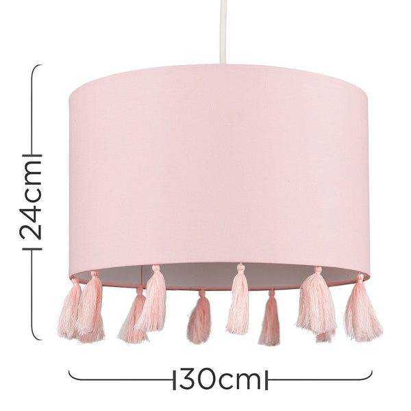 Pink lampshade with tassels and measurements on a white background