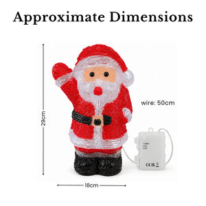 A Santa Claus LED light figurine with its power wire and battery pack, annotated with approximate dimensions showing a height of 28cm, width of 18cm, and wire length of 50cm.