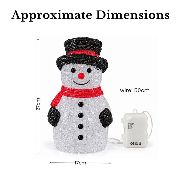 A snowman-shaped LED light with approximate dimensions shown on a white background, including a height of 27cm, width of 17cm, and wire length of 50cm. The product has a white glittery body, black hat and buttons, and red scarf and nose.