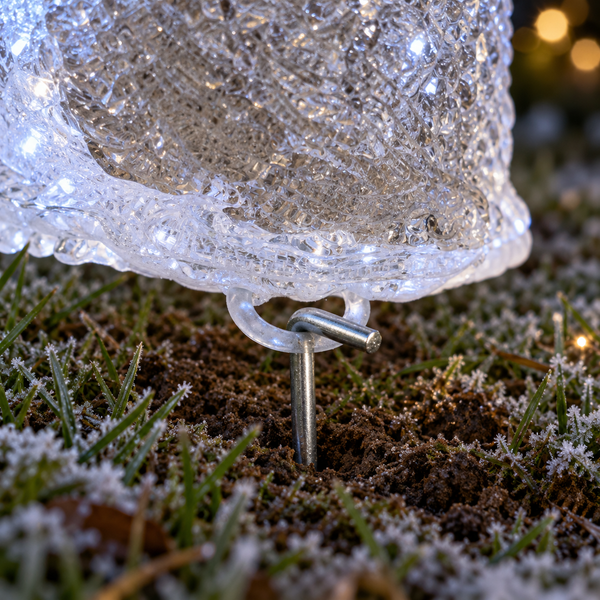 A close-up of a clear, textured glass or acrylic holiday tree ornament with a metal stake and hook, set in outdoor grass with frost on a dark, blurred background.